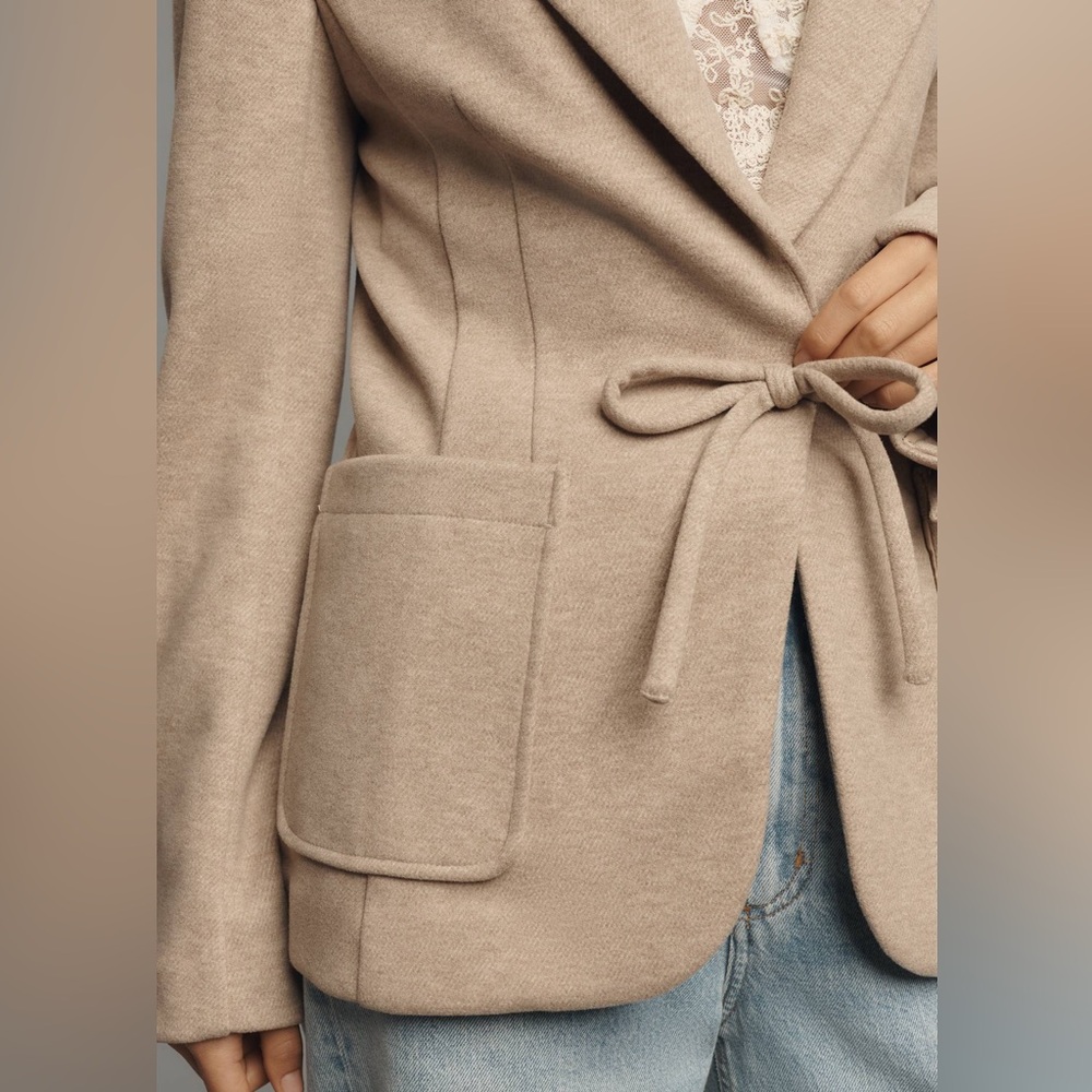 Anthropologie Avec Les Filles Tan Taupe Bow Fitted Blazer Jacket XS Extra Small - Picture 3 of 10